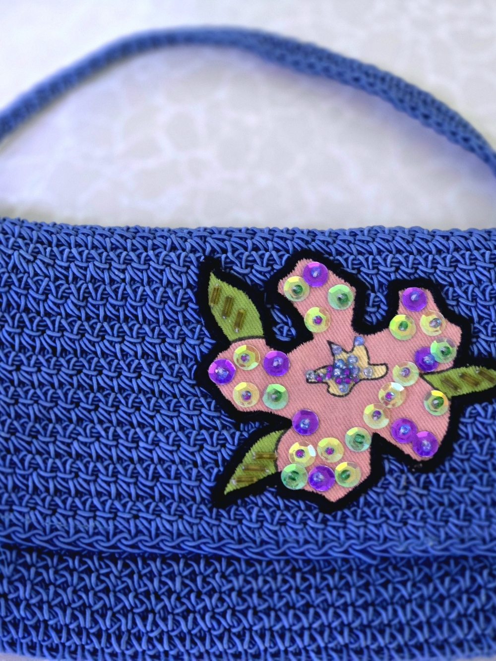 Blue Crochet Wristlet with Floral Applique